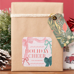 Red & Green Bows Pink Holiday Cheer Christmas Square Sticker