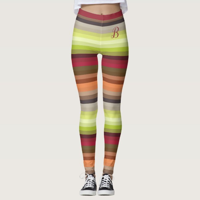 Red Green Brown Grey Girly Stripes Custom Monogram Leggings (Front)