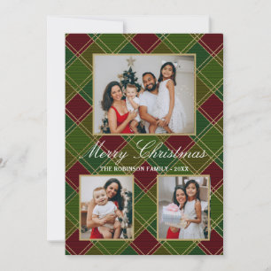 Red Green Buffalo Plaid Christmas 4 Photo Collage Holiday Card