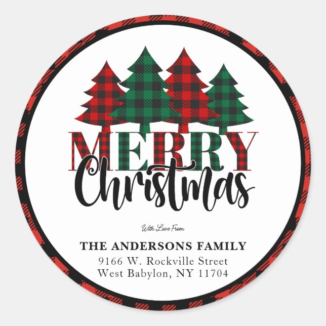 Red & Green Buffalo Plaid Pattern Merry Christmas Classic Round Sticker (Front)