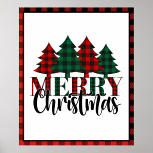 Red & Green Buffalo Plaid Pattern Merry Christmas Poster
