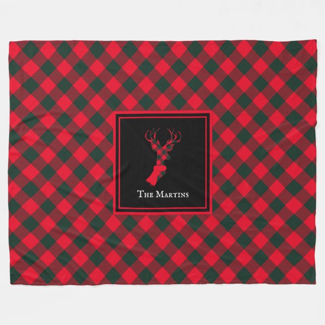 Red & Green Buffalo Plaid Reindeer Personalised Fleece Blanket (Front (Horizontal))