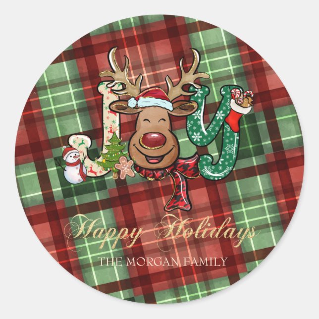 Red Green Buffalo Plaid Reindeer,Snowman Classic Round Sticker (Front)