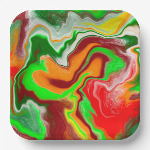 Red, Green, Burgundy Colourful Marble Fluid Art Paper Plate