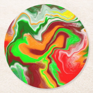 Red, Green, Burgundy Colourful Marble Fluid Art    Round Paper Coaster