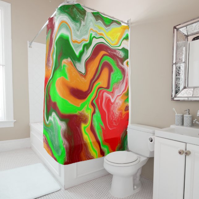 Red, Green, Burgundy Colourful Marble Fluid Art   Shower Curtain (In Situ)