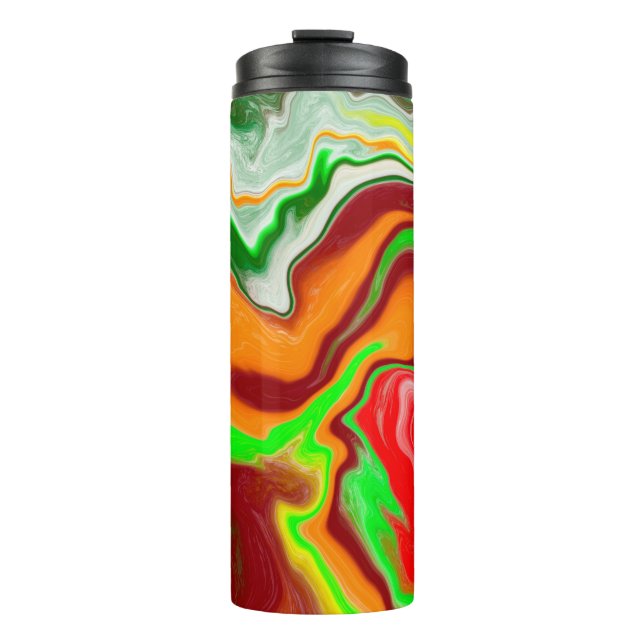 Red, Green, Burgundy Colourful Marble Fluid Art Thermal Tumbler (Front)