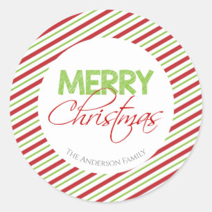 Red & Green Candy Cane Stripe Classic Round Sticker