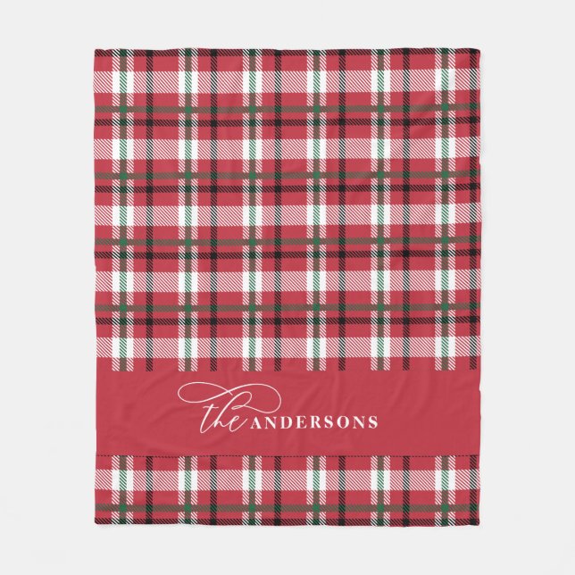 Red green check tartan script personalised family fleece blanket (Front)