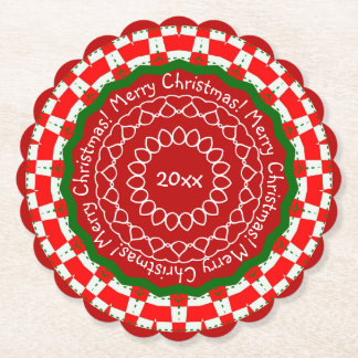 Red Green Checks Merry Christmas Paper Coaster