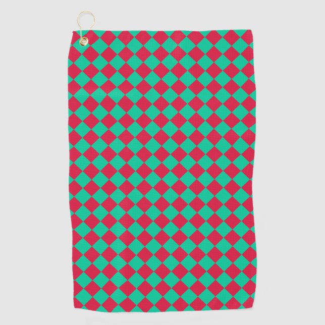 Red Green Chequered Diamond Pattern Golf Towel (Front)