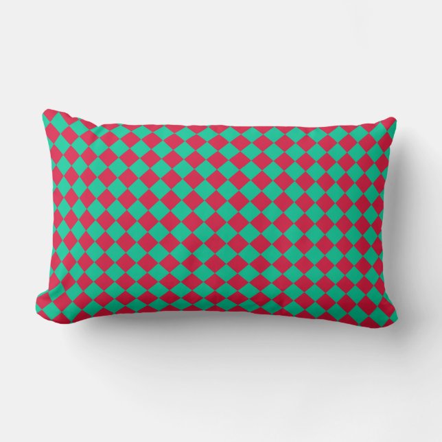 Red Green Chequered Diamond Pattern Lumbar Cushion (Front)