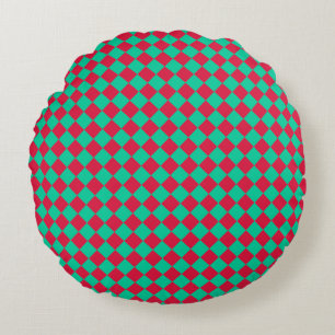 Red Green Chequered Diamond Pattern Round Cushion