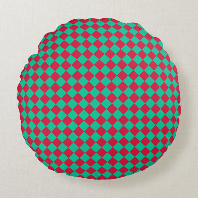 Red Green Chequered Diamond Pattern Round Cushion (Front)