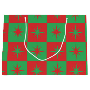 Red Green Chequered Retro Christmas Starbursts Large Gift Bag