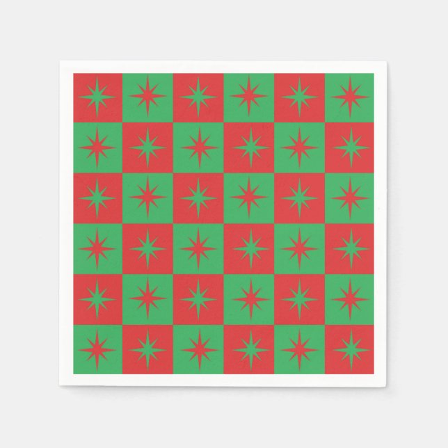 Red green chequered retro Christmas  starbursts   Napkin (Front)