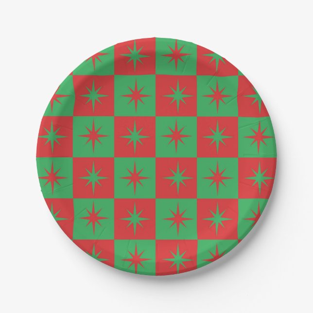 Red green chequered retro Christmas  starbursts   Paper Plate (Front)