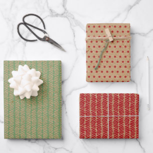 Red Green Chevron Polka Dots On Faux Brown Kraft Wrapping Paper Sheet