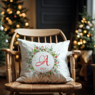 Red green Christmas elegant Monogram  letter  Cushion