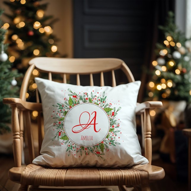  Red green Christmas elegant Monogram  letter  Cushion (Creator Uploaded)
