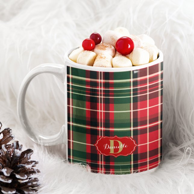 Red Green Christmas Festive Plaid Monogram Holiday Coffee Mug (Red Green Christmas Festive Plaid Monogram Holiday Coffee Mug)