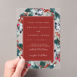Red Green Christmas Floral Wreath Clear Wedding Acrylic Invitations