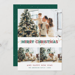 Red Green Christmas Lights Snow 3 Photo Collage Holiday Card