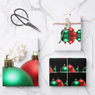 Red + Green Christmas Ornaments Wrapping Paper Sheet