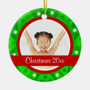 Red green Christmas photo personalise Ceramic Tree Decoration