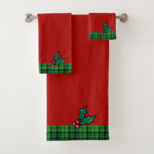 Red & Green Christmas Plaid and Holly Towel Set