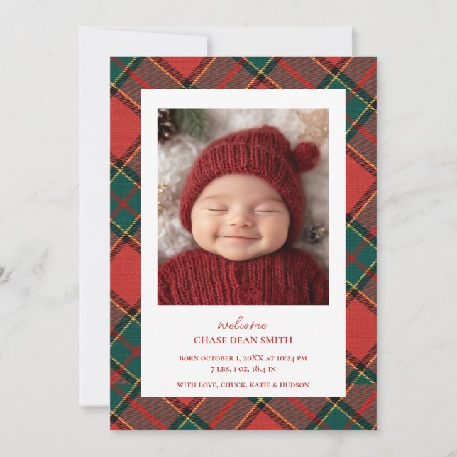 Red Green Christmas Plaid Baby Announcement (Front)