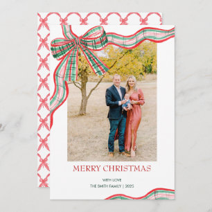 Red & Green Christmas Plaid Bow Photo Holiday Card
