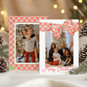 Red & Green Christmas Plaid Bow Wrap Photo Holiday Card