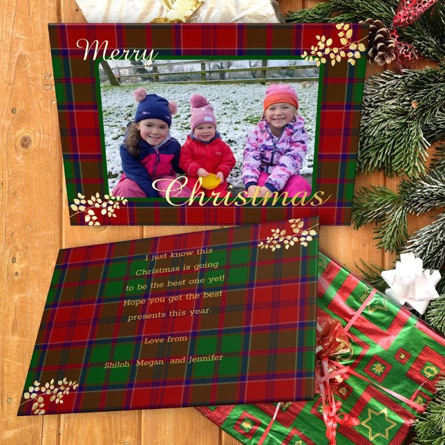 Red Green Christmas Plaid Gold Leaves Family Photo (Creator Uploaded)