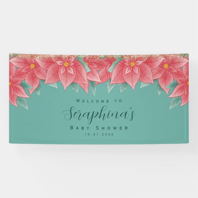 Red & Green Christmas Poinsettia Baby Shower Banner (Horizontal)