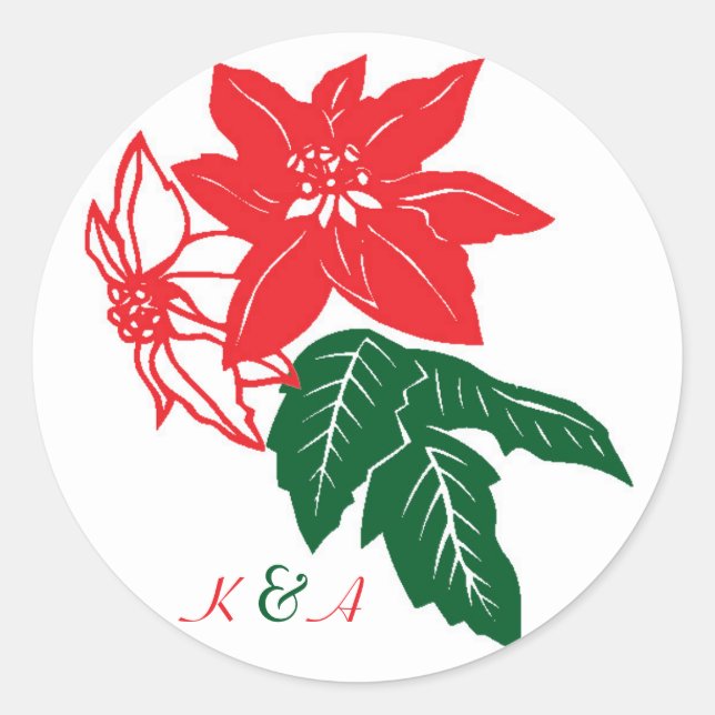 Red & Green Christmas Poinsettias Holiday Wedding Classic Round Sticker (Front)