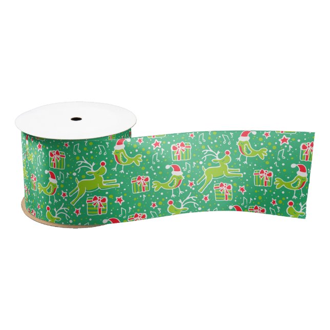 Red green Christmas reindeer and birds ribbon Satin Ribbon (Spool)