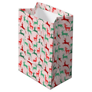 Red Green Christmas Reindeer Pattern Pink Medium Gift Bag