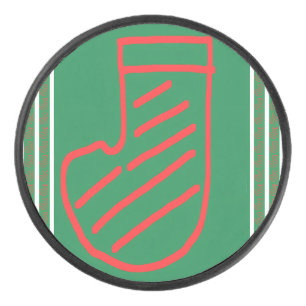 Red Green Christmas Stocking on Green Hockey Puck