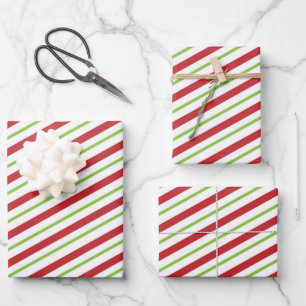 Red & Green Christmas Striped Design Wrapping Paper Sheet