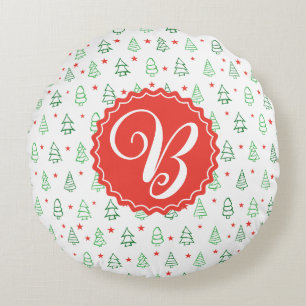 Red & Green Christmas tree Round Cushion