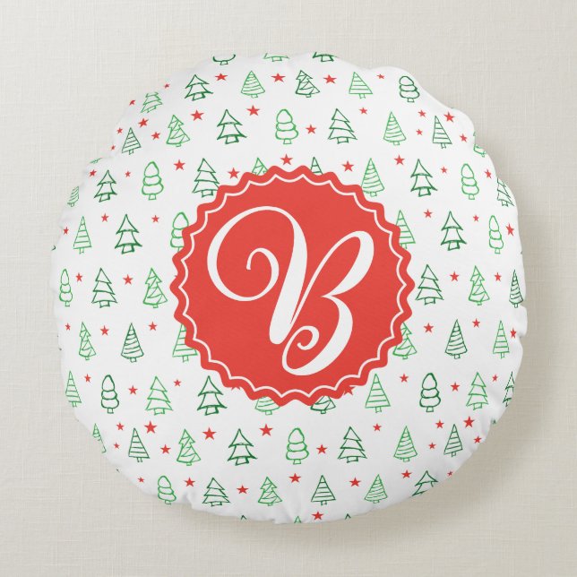 Red & Green Christmas tree  Round Cushion (Front)