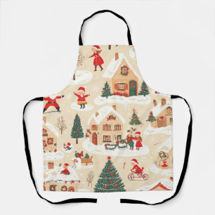 Red Green Christmas Village Snowy Beige Pattern Apron