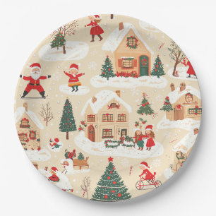 Red Green Christmas Village Snowy Beige Pattern Paper Plate