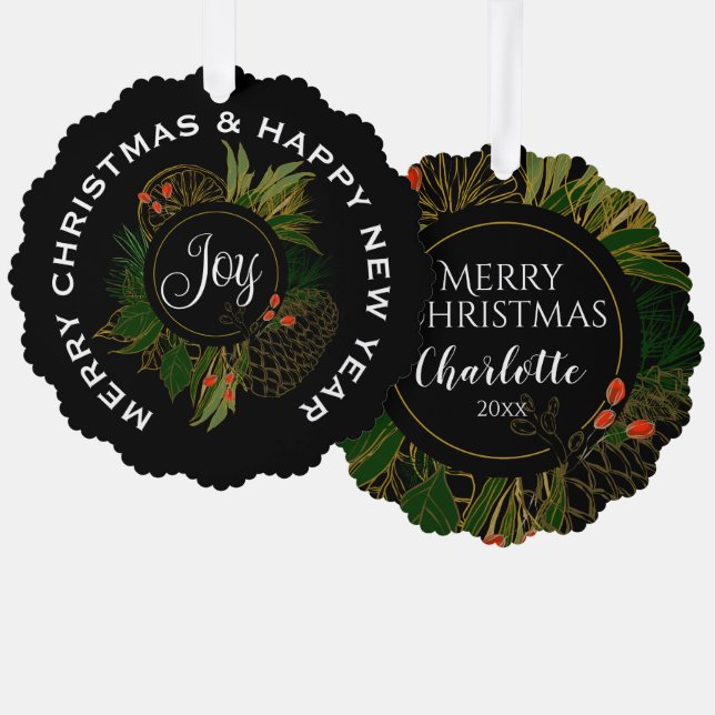  RED & GREEN CHRISTMAS WREATH, PERSONALIZED TREE DECORATION CARD (Front/Back)