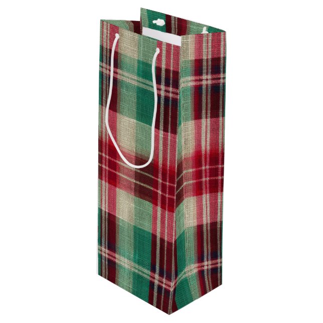 Red & Green Classic Holiday Plaid Wine Gift Bag (Front Angled)