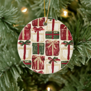 Red Green Cream Gifts with Bows Ceramic Tree Decoration