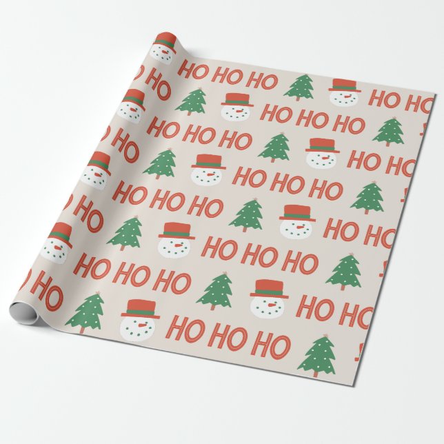 Red Green Cream Playful Modern Snowman Tree Wrapping Paper (Unrolled)