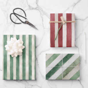 Red Green Cream Stripes Christmas Wrapping Paper Sheet