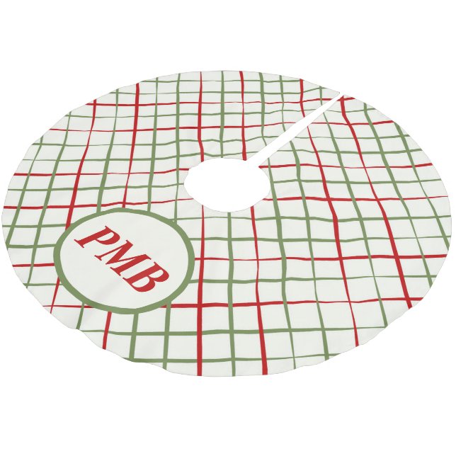 Red & Green Crossed Lines Monogram Brushed Polyester Tree Skirt (Angled)